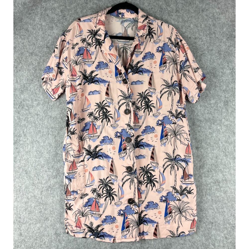 Modcloth Pepaloves Shirtdress Womens Medium Pink‎ Rayon Tropical Beach Aloha